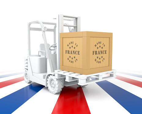 Forklift Truck with France Flag Color. Made in France. 3d Rendering