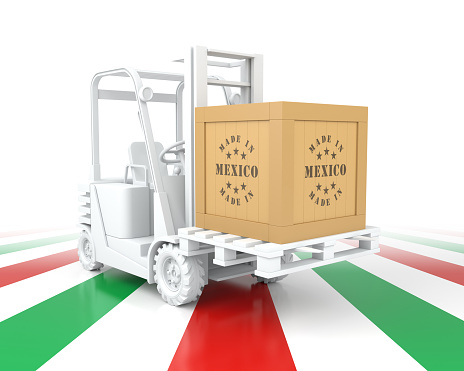 Forklift Truck with Mexico Flag Color. Made in Mexico. 3d Rendering