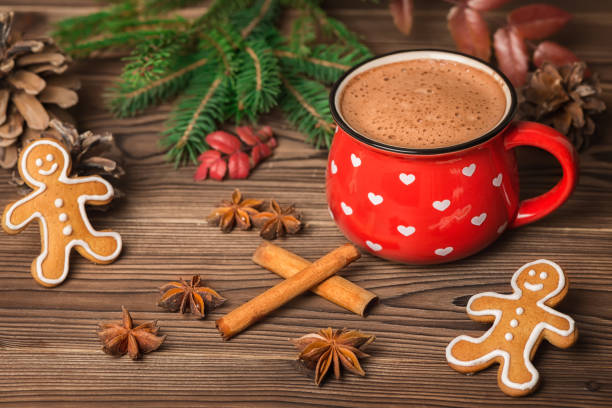 istock hot chocolate or cocoa, gingerbread cookies decorated, Christmas tree branch, cones, cinnamon and anis on wooden background, greeting card 930508426