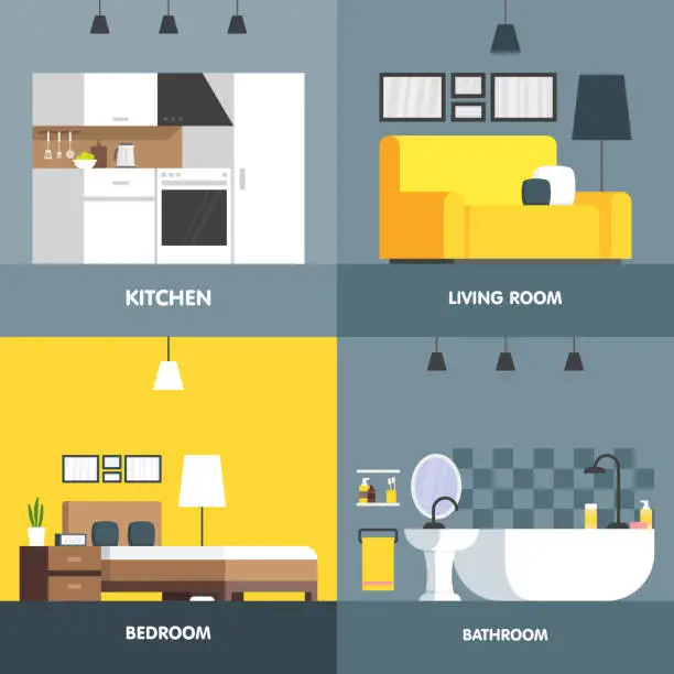 Vector illustration of Set of interior design room . Living room, bedroom, kitchen and bathroom.