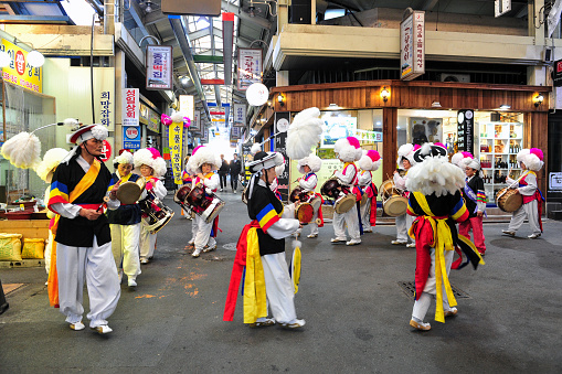 Jeonju Nambu Market's Pungmul Band performing at a Nambu traditional market in Jeonju-si, North Jeolla Province, South Korea On the second day of March, the fifteenth of lunar January