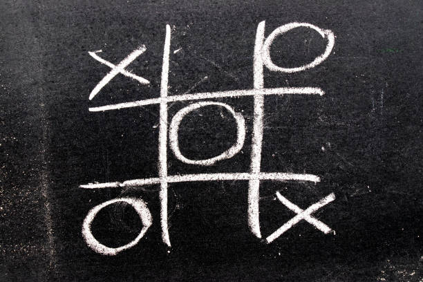 Naughts and crosses game on a yellow stick note.