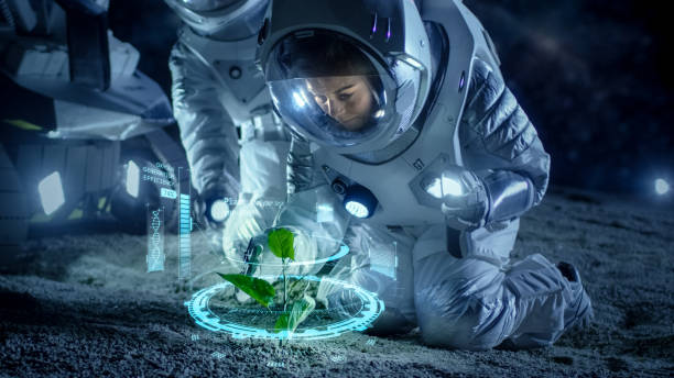 istock Two Astronauts Analyzing Plant Life Found on Alien Planet. Infographics Show Animated Data about Oxygen Generation, DNA and Molecular Structure. Technological Advance and Space Exploration. 930523320