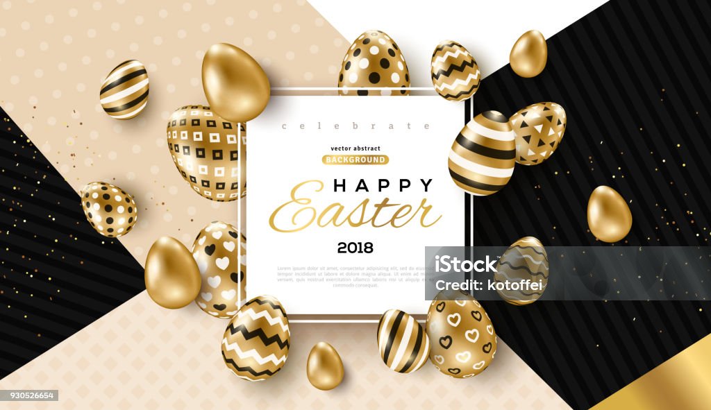 Easter card with frame and gold ornate eggs Easter card with square frame, gold ornate eggs and confetti on colorful modern geometric background. Vector illustration. Place for your text. Easter stock vector