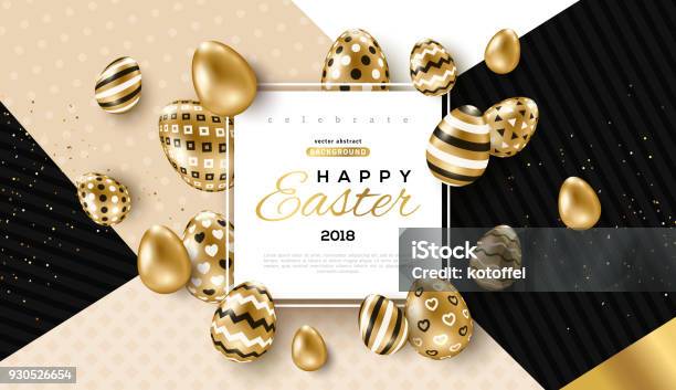 Easter Card With Frame And Gold Ornate Eggs Stock Illustration - Download Image Now - Easter, Gold - Metal, Gold Colored