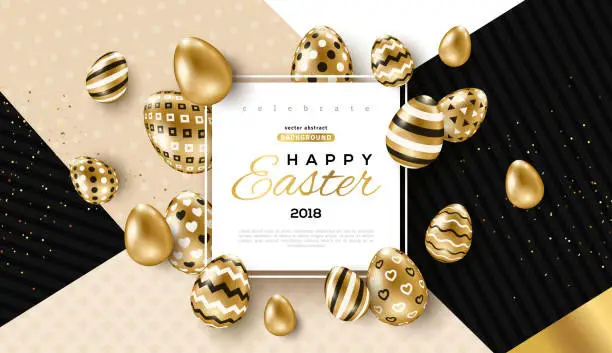 Vector illustration of Easter card with frame and gold ornate eggs