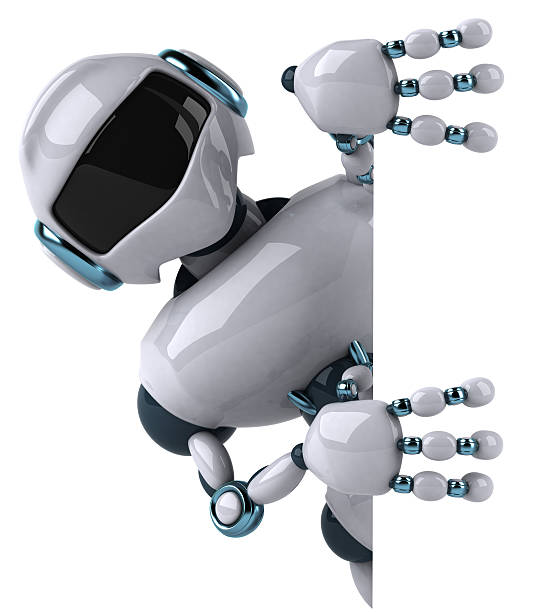 istock White and blue robot peeking from behind a white board 93052672