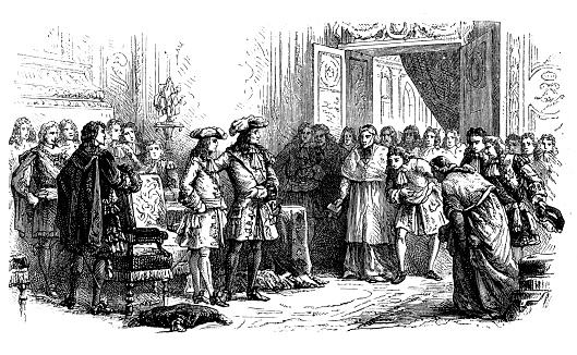 Illustration of a Louis XIV presents his grandson Philip the court as King of Spain.