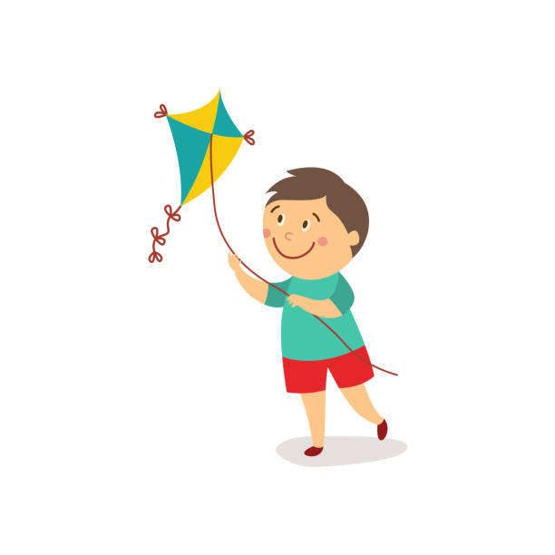 vector flat cartoon boy launching kite vector flat cartoon boy kid launching colorful kite smiling. Children activity in a yard concept. Isolated illustration on a white background. kiteboarding stock illustrations