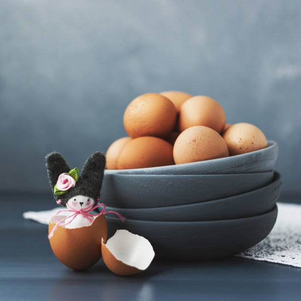 Gray ombre bowls with eggs and handmade bunny