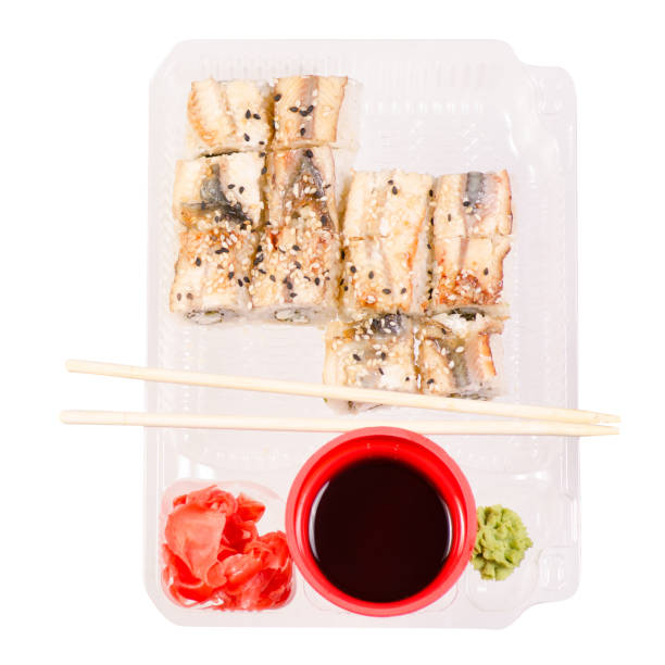 istock Set of rolls chopsticks for sushi ginger soy sauce wasabi 930552244