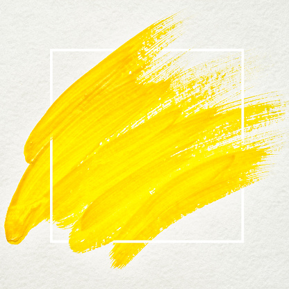 Art logo brush painted watercolor on paper abstract background design illustration acrylic stroke over square frame. Perfect painted design for headline, logo and sale banner. Yellow color.