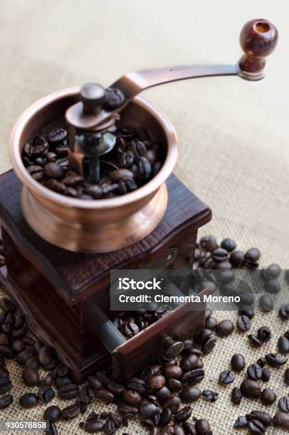 Wooden Coffee Grinder And Coffee Beans Stock Photo - Download Image Now - Backgrounds, Bean, Breakfast