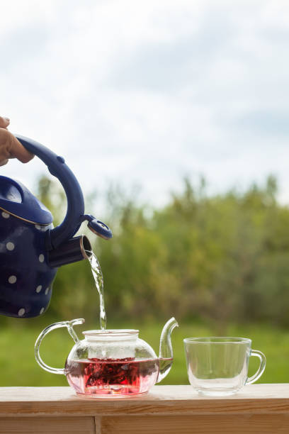istock Filling the kettle with boiling water Carcade tea drinking on the veranda nature 930581704