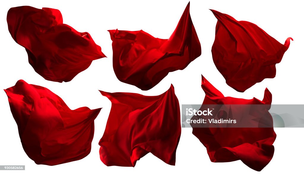 Red Flying Fabric Pieces, Flowing Waving Cloth, Shine Satin Clothes Drapes, White Isolated Red Flying Fabric Pieces, Flowing Waving Cloth, Shine Satin Clothes Drapes, Isolated on White Background Textile Stock Photo