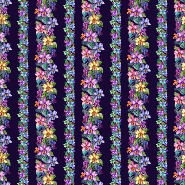 Beautiful orchid flowers and monstera leaves in straight narrow lines on dark purple background. Seamless floral pattern. Watercolor painting. Hand drawn illustration Beautiful orchid flowers and monstera leaves in straight narrow lines on dark purple background. Seamless floral pattern. Watercolor painting. Hand drawn illustration. Design of fabric, wallpaper. cattleya trianae stock illustrations