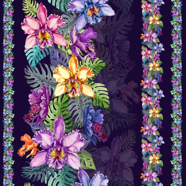 Beautiful orchid flowers and monstera leaves in straight lines on dark purple background. Seamless tropical floral pattern. Watercolor painting. Hand drawn illustration. Beautiful orchid flowers and monstera leaves in straight lines on dark purple background. Seamless tropical floral pattern. Watercolor painting. Hand drawn illustration. Design of fabric, wallpaper. cattleya trianae stock illustrations