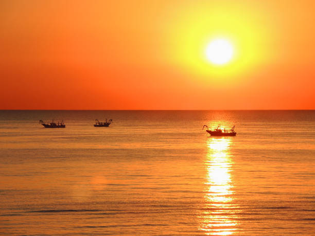 istock Fishing boats pull their nets at the sunrise. Adriatic cost. Emilia Romagna. Italy 930587892