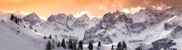 The group of Marmola as seen from Pass Pordoi in winter on the Italian Dolomites. Canazei, Italy. stock photo