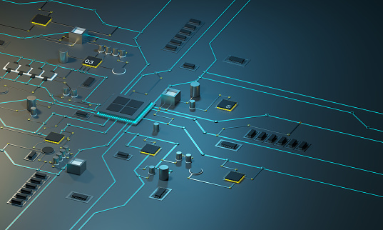 High Tech Applications High Tech Electronic Pcbwith Processor Microchips And Glowing Digital ...