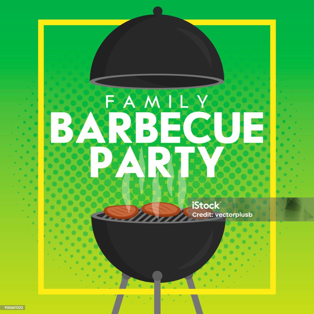 Lovely vector barbecue party invitation design template. Trendy BBQ cookout poster design Lovely vector barbecue party invitation design template. Trendy BBQ cookout poster design with classic charcoal grill, fork, cooking paddle and sample text Barbecue - Meal stock vector