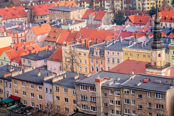 Colorful tenement houses in the small Bolkow town in Lower Silesia, Poland, as seen from the walls of the Bolkow castle