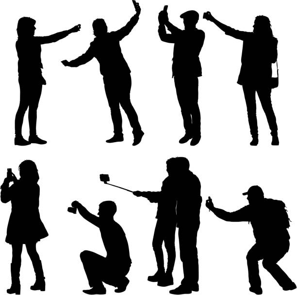 ilustrações de stock, clip art, desenhos animados e ícones de set silhouettes man and woman taking selfie with smartphone on white background - illustration and painting people men human face