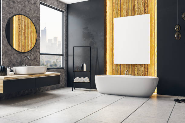 istock Dark bathroom with blank banner 930607550