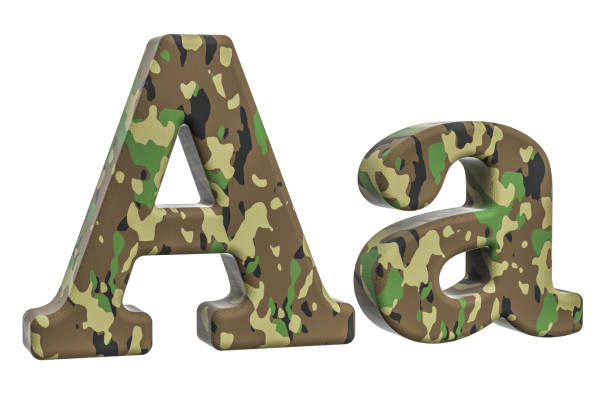 Camouflage army letter A, 3D rendering isolated on white background
