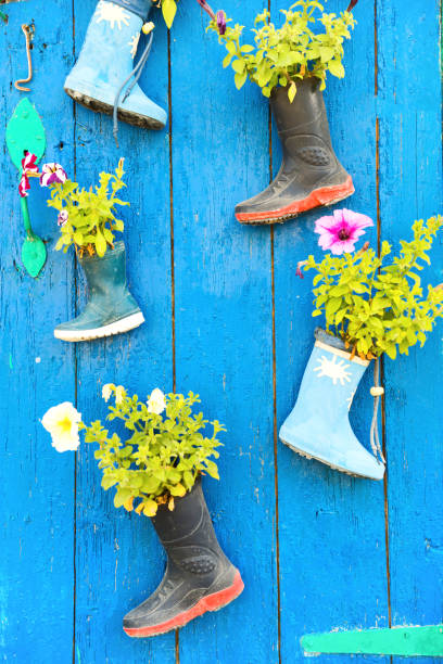 Old children rubber boots with blooming summer flowers on the entrance door of a house