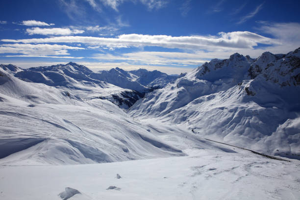 Landscape at Ski Resort in Arlberg Mountains. Austria Landscape at Ski Resort in Arlberg Mountains. Austria brightly lit winter season rock stock pictures, royalty-free photos & images