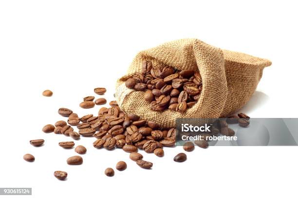 Jute Bag With Coffee Beans On White Stock Photo - Download Image Now - Roasted Coffee Bean, Coffee - Drink, Bag