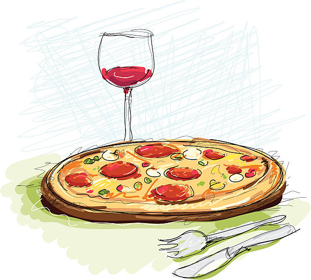 피자 und wein - pizza illustration and painting italian cuisine salami stock illustrations