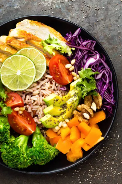 Photo of Buddha bowl meal with chicken fillet, brown rice, avocado, pepper, tomato, broccoli, red cabbage, chickpea, fresh lettuce salad, pine nuts and walnuts. Healthy balanced eating. Overhead view