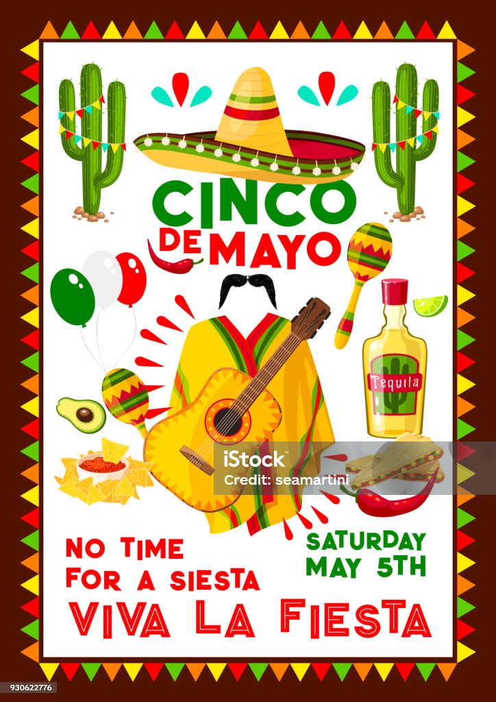 Mexican vector poster for Cinco de Mayo holiday Cinco de Mayo Mexican party poster for Mexico national holiday celebration fiesta. Vector design of traditional Mexican sombrero, guitar and cactus tequila or poncho and Mexican flag balloons Avocado stock vector