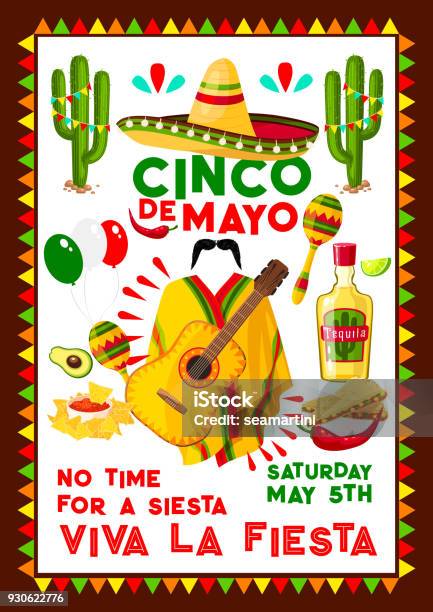 Mexican Vector Poster For Cinco De Mayo Holiday Stock Illustration - Download Image Now - Avocado, Balloon, Cactus