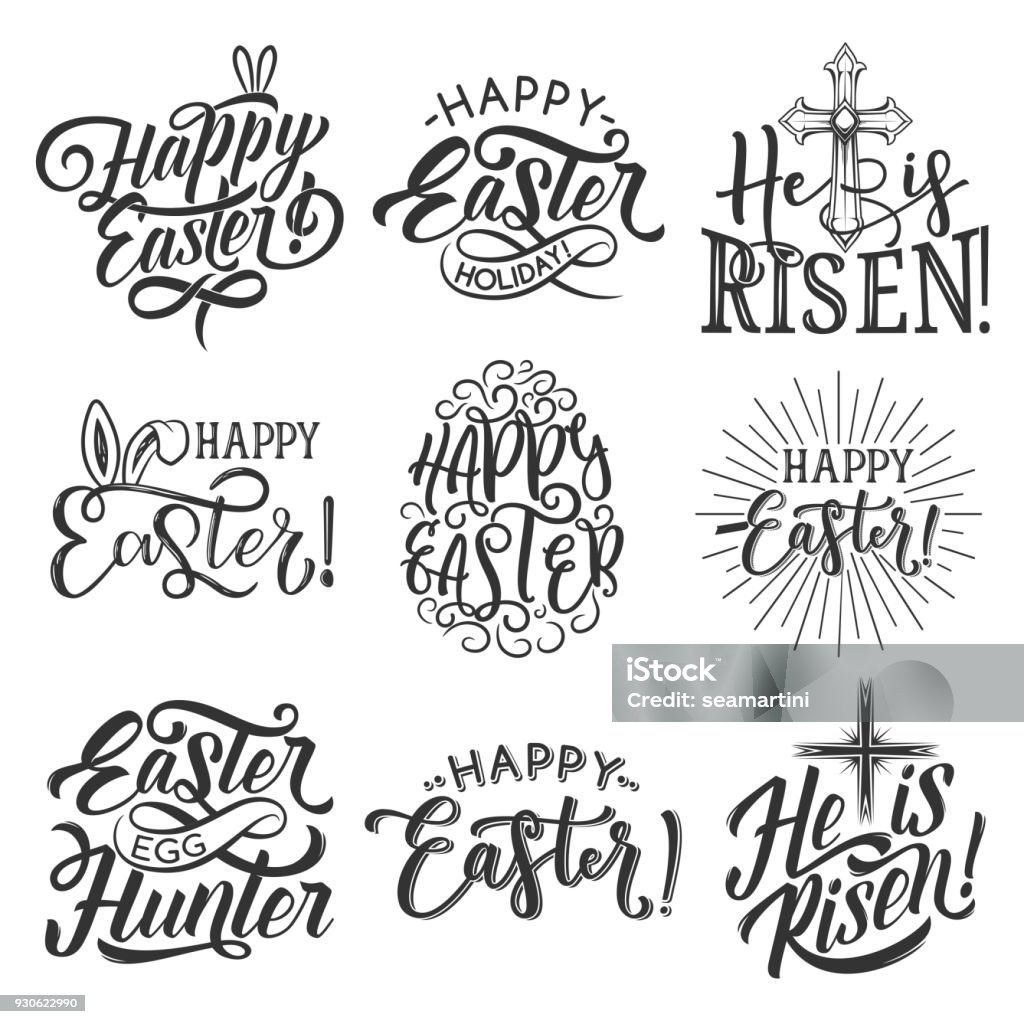 Easter holiday badge of egg, rabbit ear and cross Easter badge set for Spring Holiday celebration template. Easter rabbit ear, egg and crucifix cross with ribbon banner and festive lettering for egg hunt party and He is Risen label design Easter stock vector