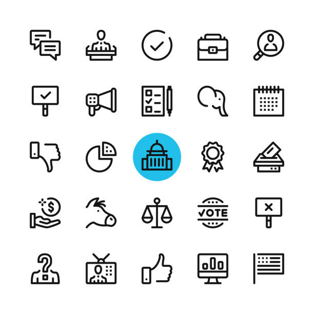 ilustraciones, imágenes clip art, dibujos animados e iconos de stock de política, elecciones la línea conjunto de iconos. conceptos de diseño gráfico moderno, colección de elementos de contorno simple. 32 x 32 px. pixel perfecto. iconos de línea del vector - government flag american culture technology