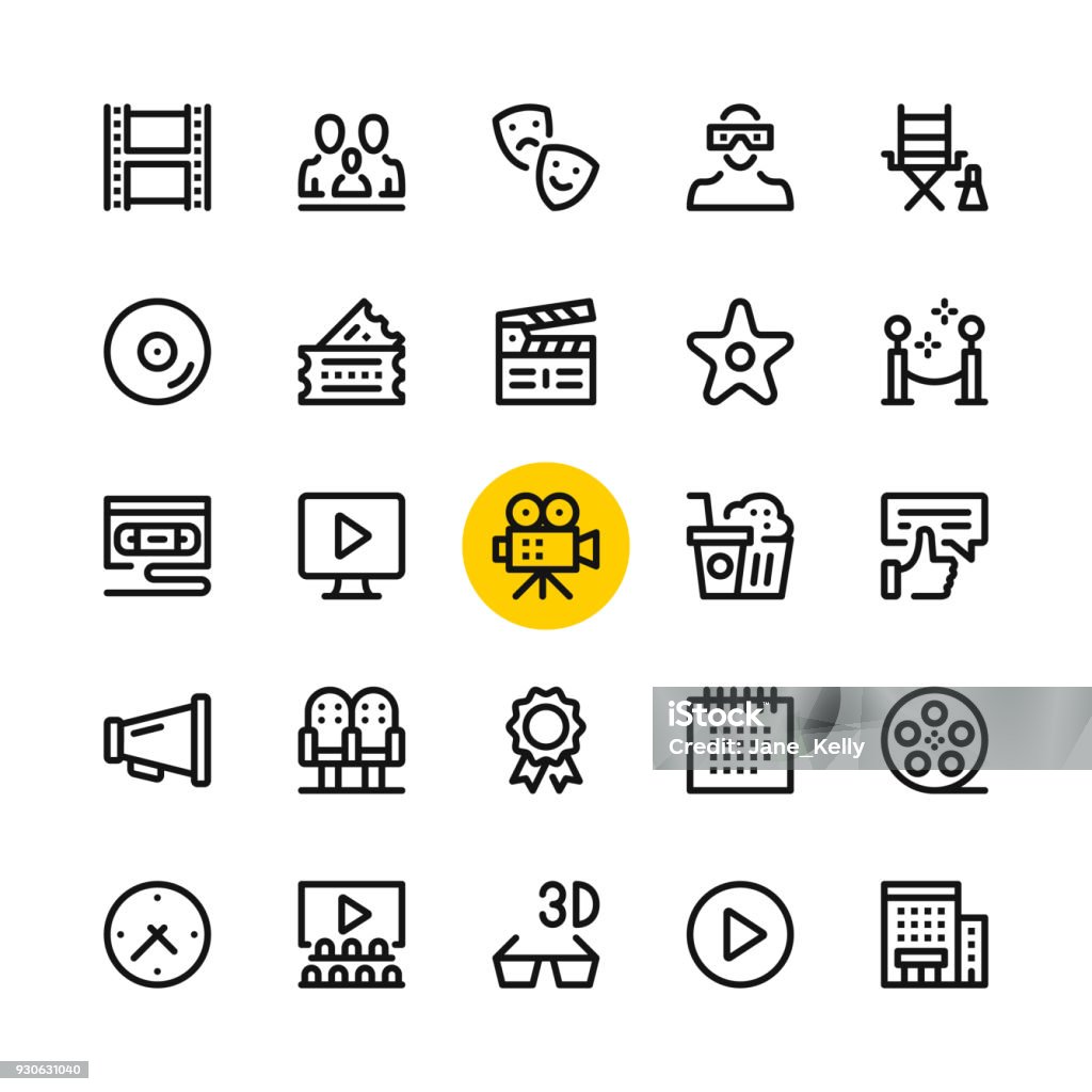 Cine, cine, línea de producción de vídeo los iconos conjunto. Conceptos de diseño gráfico moderno, colección de elementos de contorno simple. 32 x 32 px. Pixel perfecto. Iconos de línea del vector - arte vectorial de Ícono libre de derechos