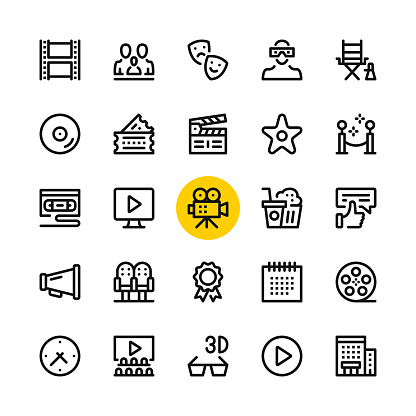 Cinema, film industry, video production line icons set. Modern graphic design concepts, simple outline elements collection. 32x32 px. Pixel perfect. Vector line icons