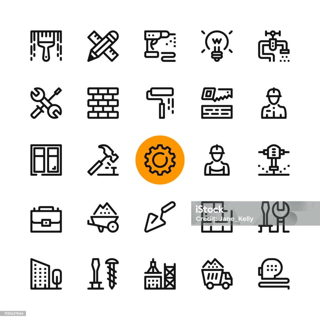 Construction, outils ligne de jeu d’icônes. Concepts de design graphique moderne, collection elements contour simple. 32 x 32 px. Pixel perfect. Icônes de vecteur ligne - clipart vectoriel de Icône libre de droits