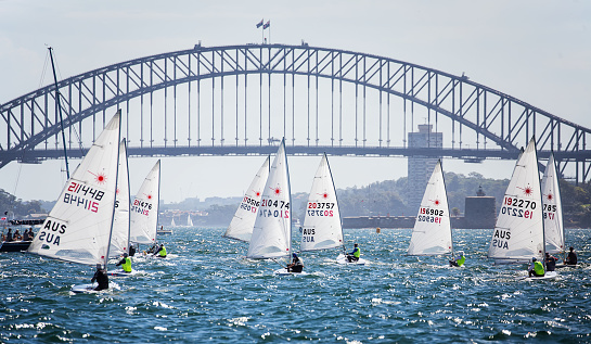 Sydney,Australia - March 3,2018: Sailors enjoy the sunshine as they compete in a race in the annual Sydney Harbour Regatta.