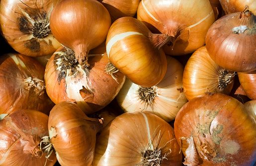 Dried onions on the counter for sale in the supermarket.