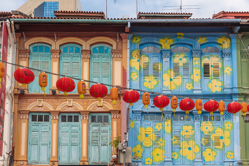 Painted terraced old residential building in Chinatown, Singapore.