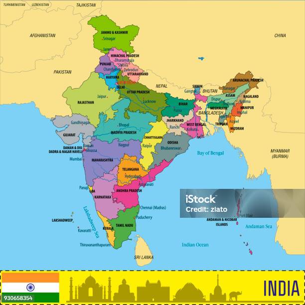 Mappa Politica Dellindia Con Tutti Gli Stati - Immagini vettoriali stock e altre immagini di Carta geografica - Carta geografica, India, Vettoriale