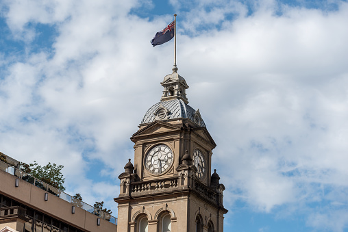 Clock tower atop the Victorian-era Central Raliway Station in Brisbane, Queensland, Australia