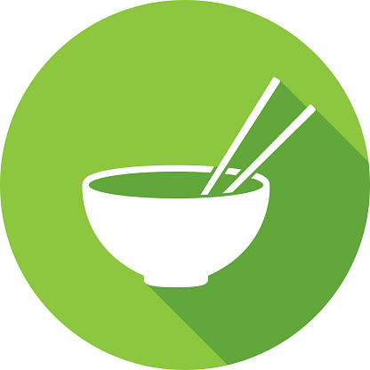 Vector illustration of a green soup bowl with chopsticks icon in flat style.