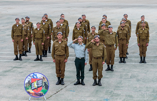 Mishmar David, Israel, Februar 21, 2018 : Soldier of the IDF salute at the formation in Engineering Corps Fallen Memorial Monument in Mishmar David, Israel