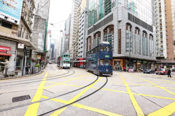 HONG KONG- FEBRUARY 18, 2018-Western Market Terminus is one of the termini in Hong Kong Tramways. One of the starting point for TramOramic Tour on a 1920s-style open top tram.