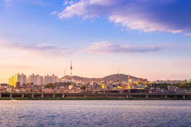 linda cidade de seoul na torre durante o dia, o rio han e n seul, coreia do sul. - letter n water text blue - fotografias e filmes do acervo